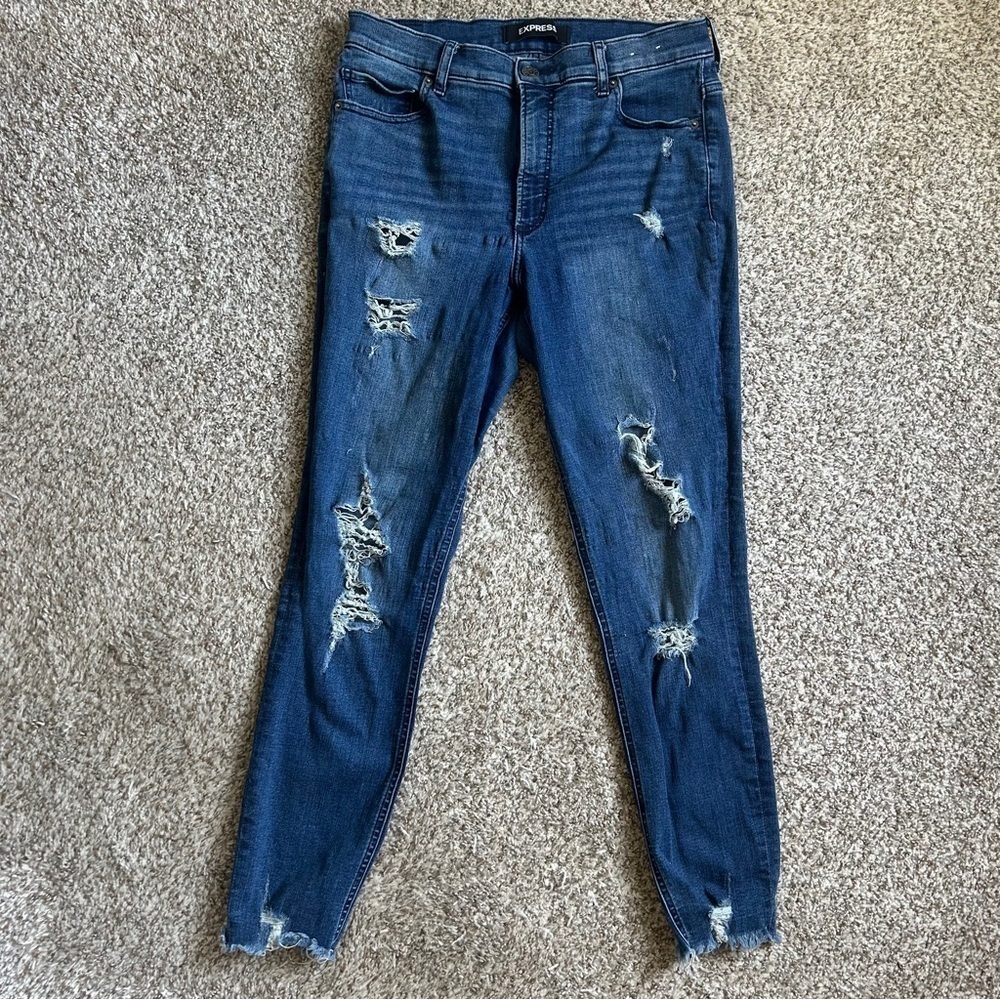 Express Ankle High Rise Stretch Blue Skinny Jeans with Distressed Details Denim